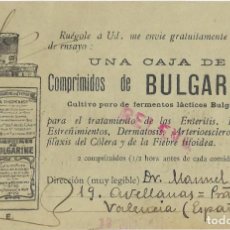 Sellos: 1911 CARTA TARJETA COMERCIAL FARMACIA VALENCIA A FRANCIA. ALFONSO XIII MEDALLÓN