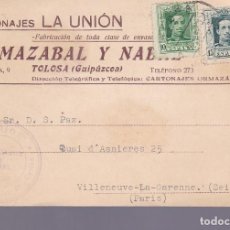 Sellos: F2-13-TARJETA IMPRESA CARTONAJES LA UNIÓN TOLOSA (GUIPUZCOA)-FRANCIA 1929. VAQUER 315A. Lote 362414330
