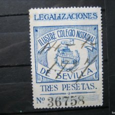 Sellos: LEGALIZACIONES ILUSTRE COLEGIO NOTARIAL DE SEVILLA 1921 3 PESETAS USADO PERFECTO!!!. Lote 365669986