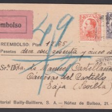 Sellos: TARJETA DE POSTAL REMBOLSO CASA EDITORIAL BAILLY, MADRID A ECIJA, SELLOS 20 CTS, 50 CTS.. Lote 395798219