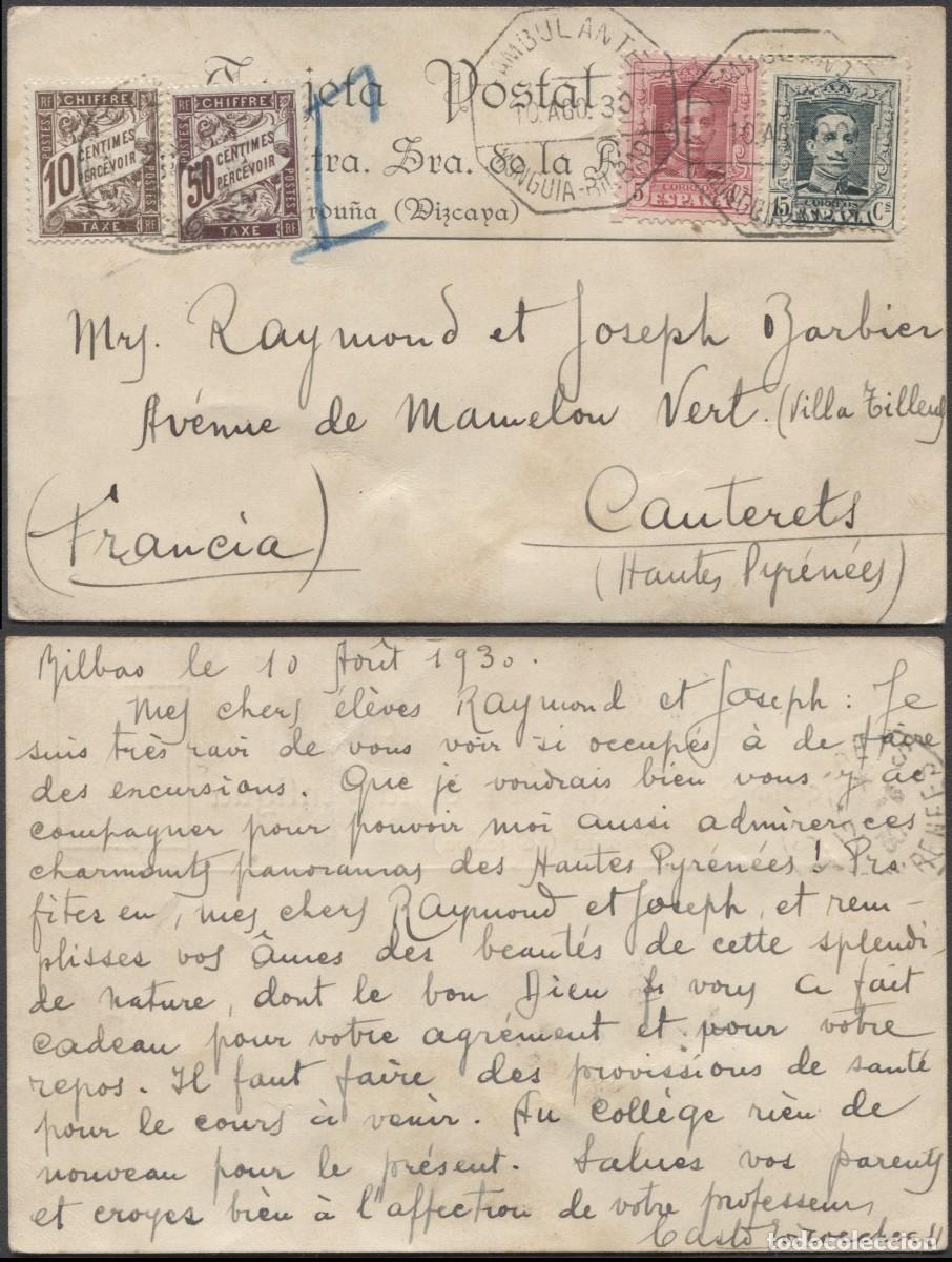Sellos: Tarjeta postal de Bilbao a Cauterets (Francia) tasada a la llegada