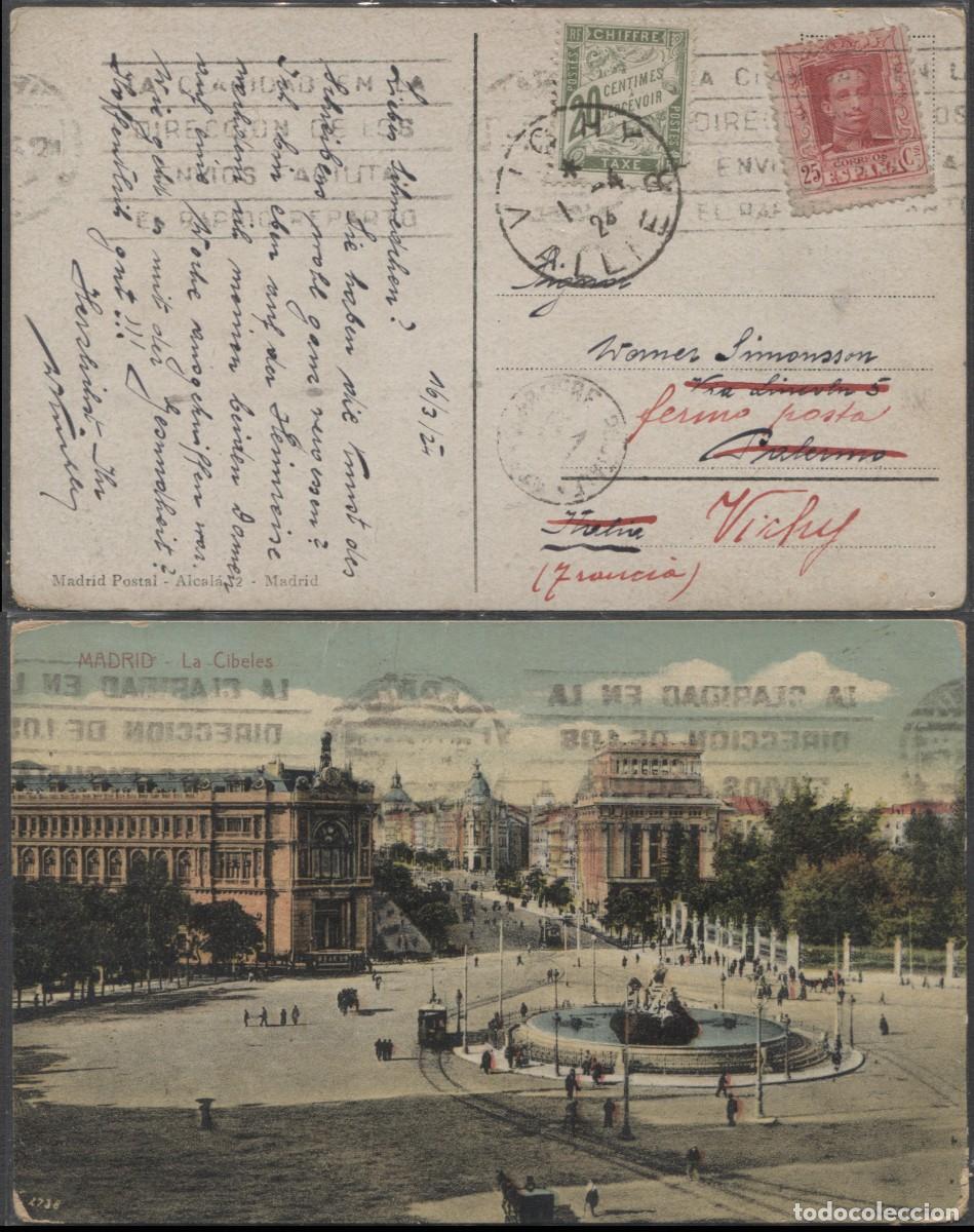 Sellos: Alfonso XIII - Tarjeta Postal de Madrid a Palermo reexpedida a Vichy (Francia)