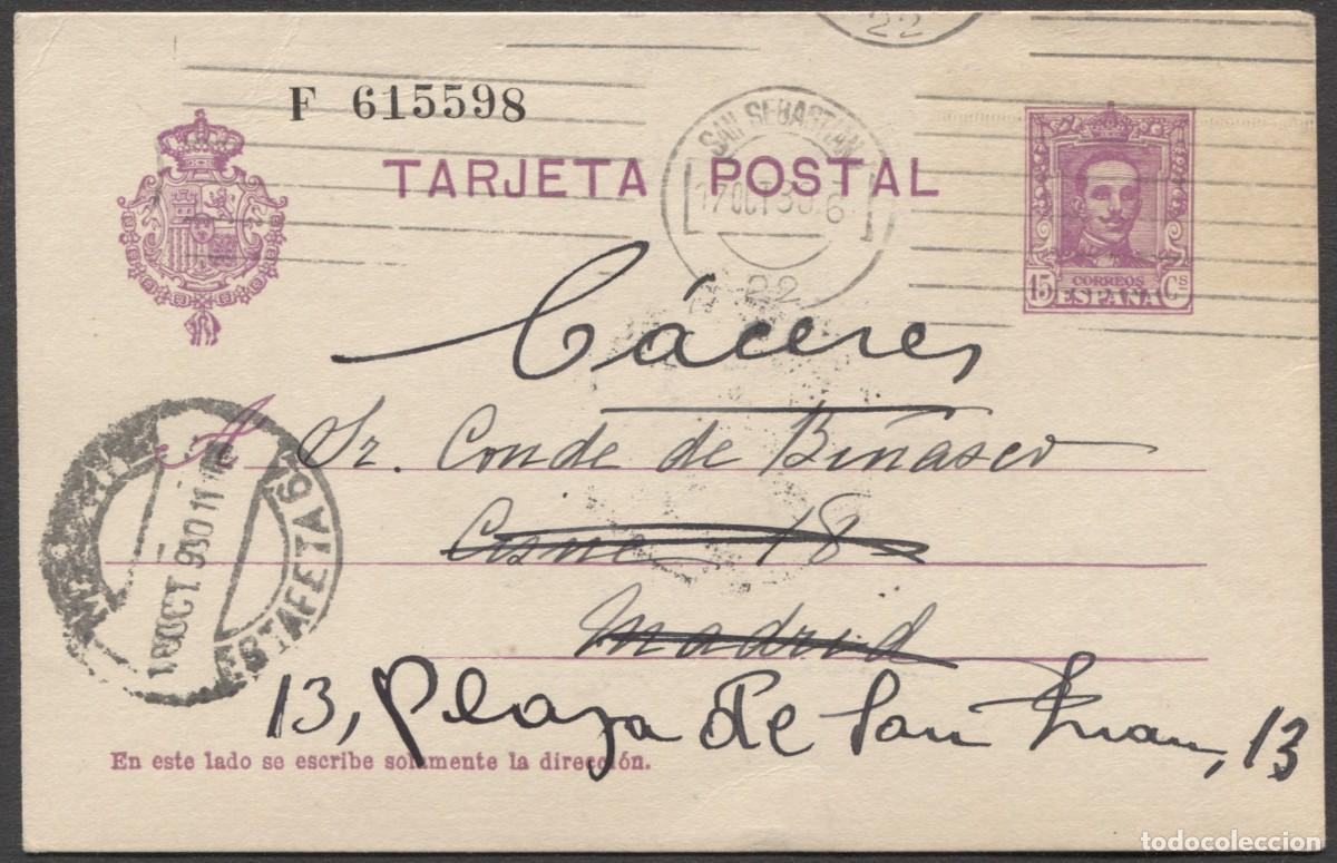 Sellos: Alfonso XIII - Tarjeta Entero postal de San Sebasti&aacute;n a Madrid reexpedida a C&aacute;ceres