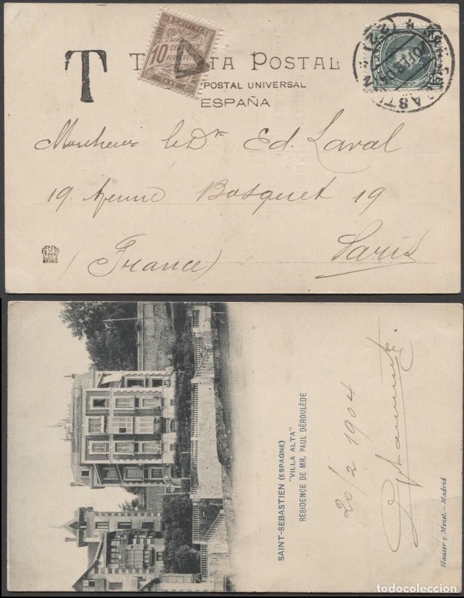 Sellos: Tarjeta Postal desde San Sebasti&aacute;n a Par&iacute;s tasada a la llegada