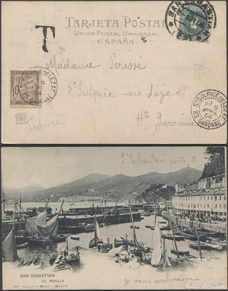 Sellos: Tarjeta Postal desde San Sebasti&aacute;n a Francia tasada a la llegada