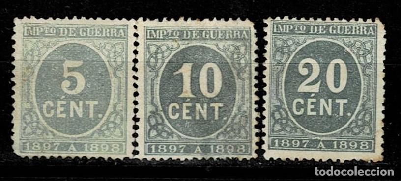 Briefmarken: 0552 IMPUESTO DE GUERRA A&ntilde;o 1897 Edifil n&ordm; 232-233-235 Valor 5-10 y 20 cts Color VERDE Sin goma VER