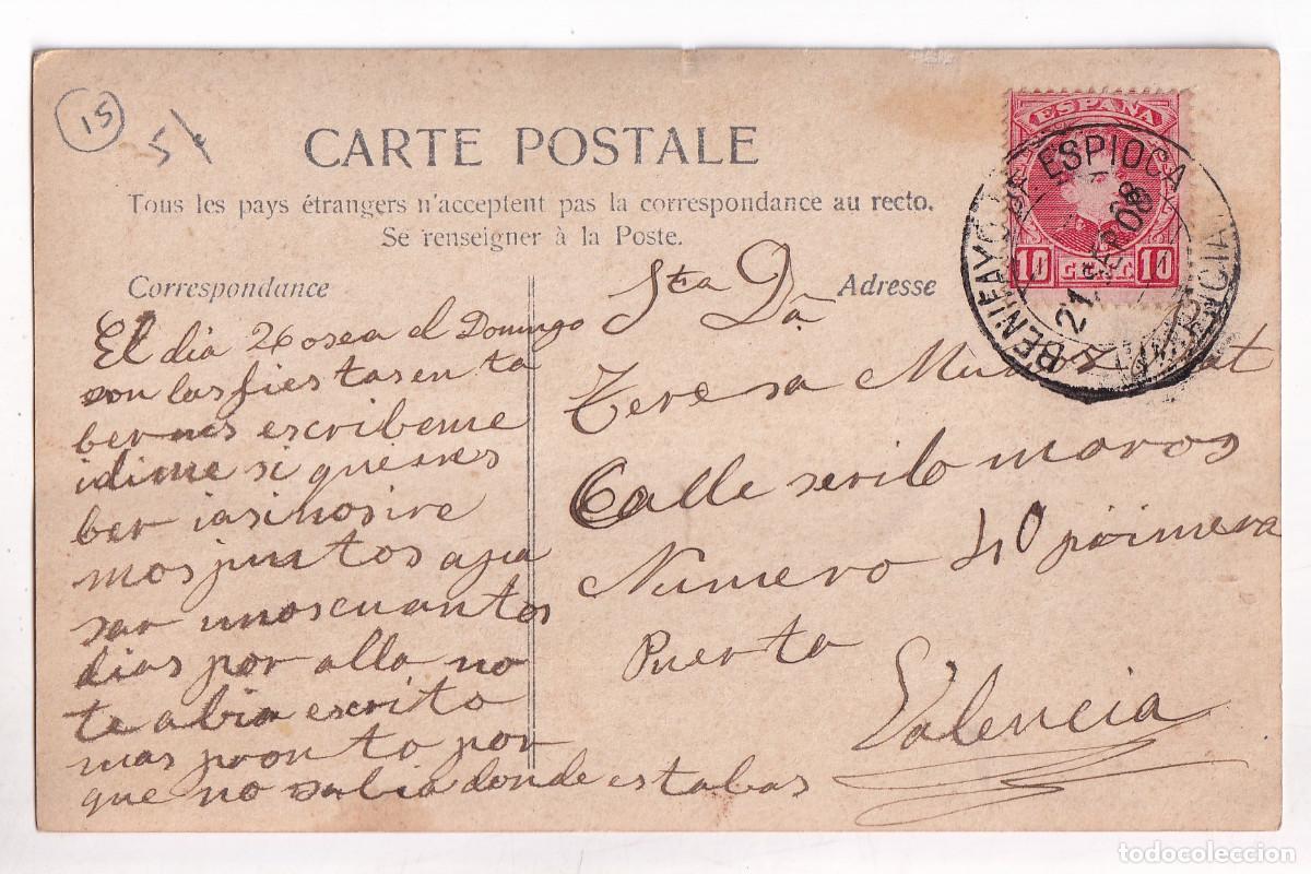 Sellos: POSTAL. BENIFAY&Oacute; A VALENCIA. 1908 - Foto 1