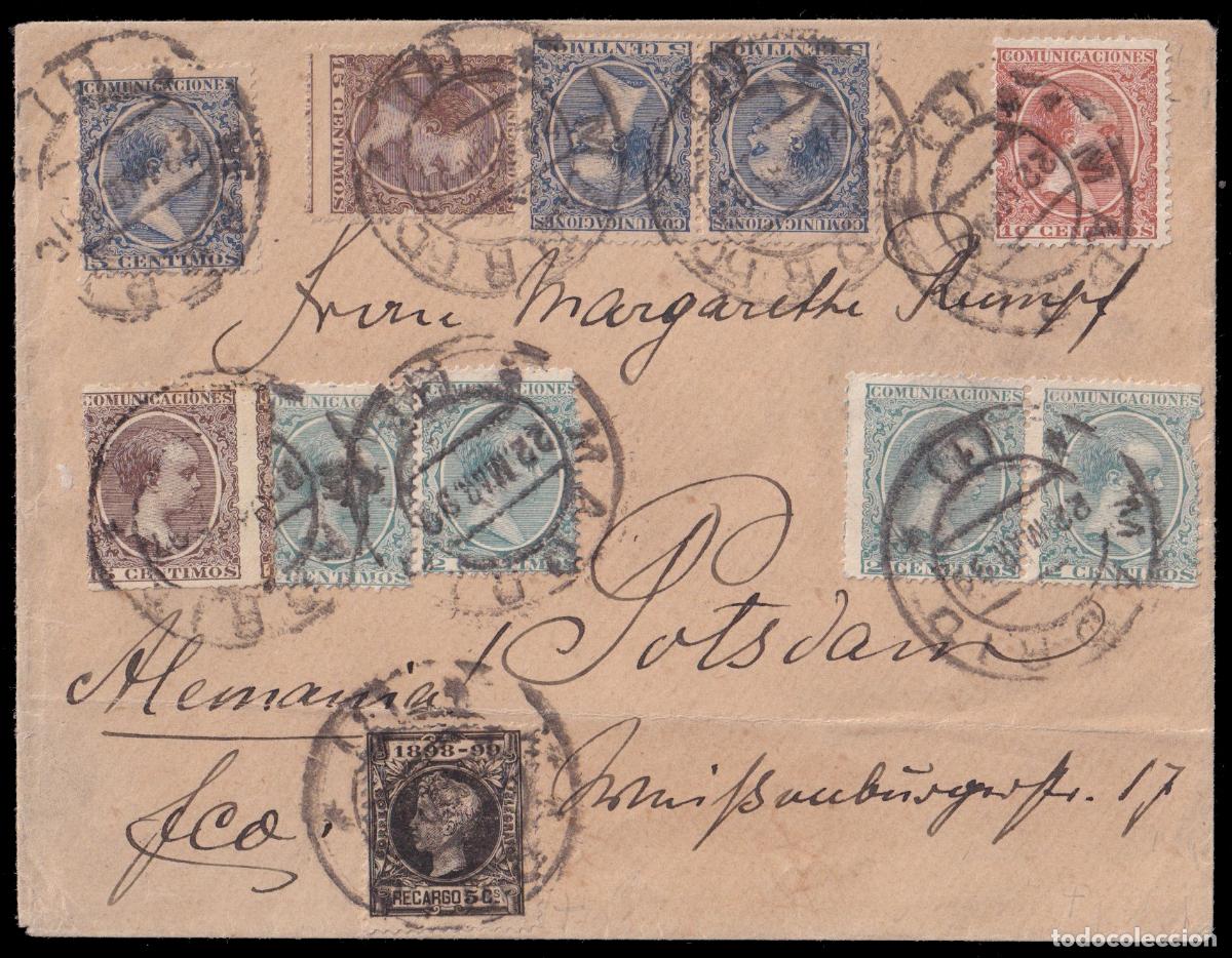 Sellos: 213(4)215(3)217219(2)y240 1899 (22 MAR) Madrid a Potsdam (Alemania) franqueo multicolor de 63 cts. y