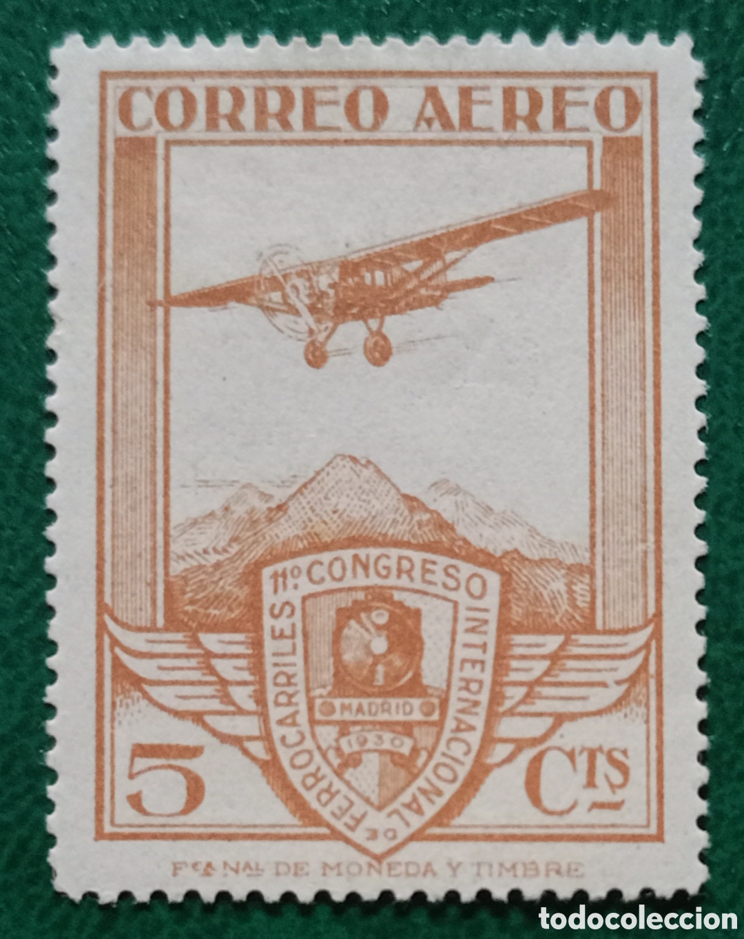 Sellos: Espa&ntilde;a 1930 - ✈️ XI Cong. Int. Ferrocarriles - Edifil 483, 5 c. cast. amarillento - Nuevo con fij.