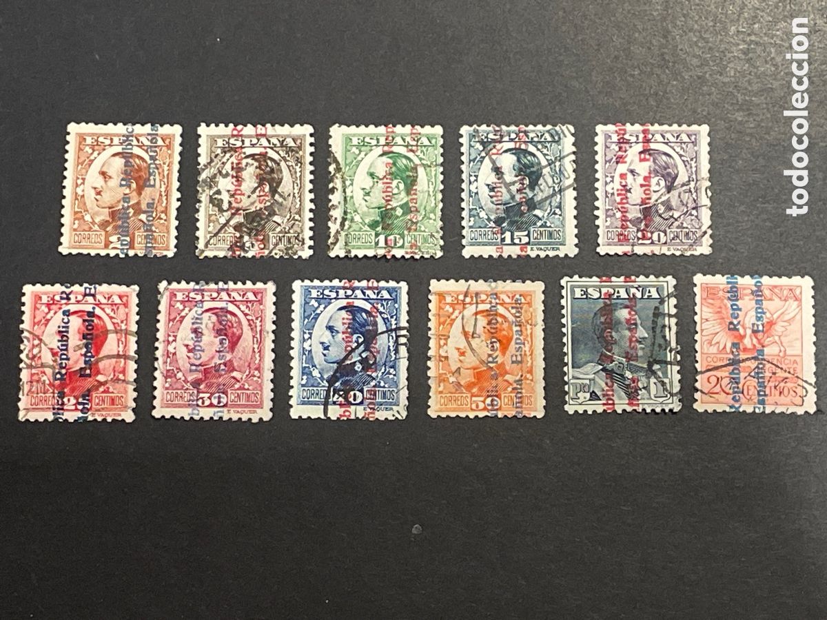 Sellos: Edifil 593 603 serie Vaquer sobrecargados, usados, los de las fotos, bien centrados