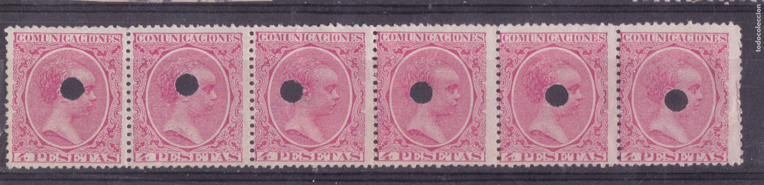 Sellos: SS10- Alfonso XIII Pel&oacute;n 4 Ptas Tira de 6 . Usados TELEGRAFOS