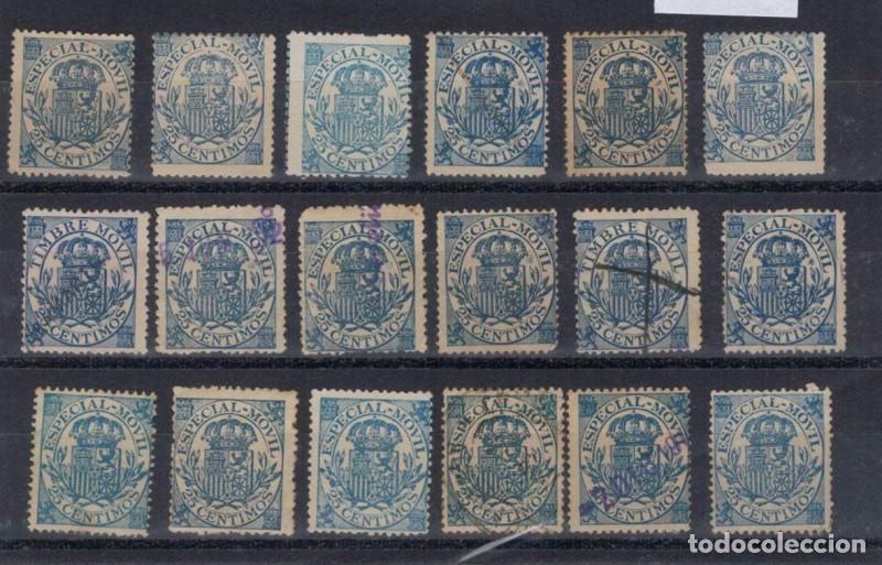 Sellos: FA7241. Fiscales, 1908-19, conjunto de 18 valores de 25 centimos nuevos y con uso fiscal Timbre Movi