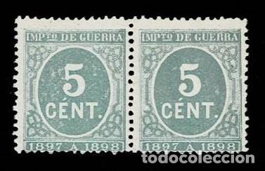 Sellos: 0552 IMPUESTO DE GUERRA A&ntilde;o 1897-1898 Valor 5 cts en PAREJA Color VERDE sin goma VER.