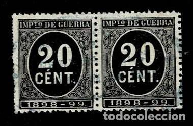 Sellos: 0552 IMPUESTO DE GUERRA A&ntilde;o 1898-1899 Valor 20 cts en PAREJA Color NEGRO Centrado de LUJO Usado VER
