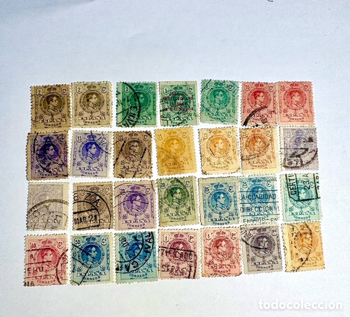 Sellos: Lote 28 Sellos Espa&ntilde;a Alfonso XIII &rdquo;Medall&oacute;n&rdquo; (1909-22) - Incluye 4 y 10 Pts Correlativos. Colores