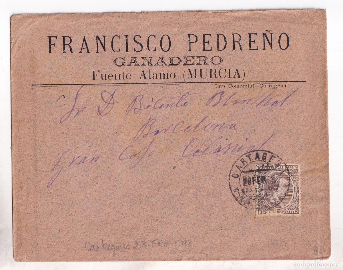 Sellos: SOBRE. FUENTE &Aacute;LAMO. MURCIA. FECHADOR CARTAGENA. 1898