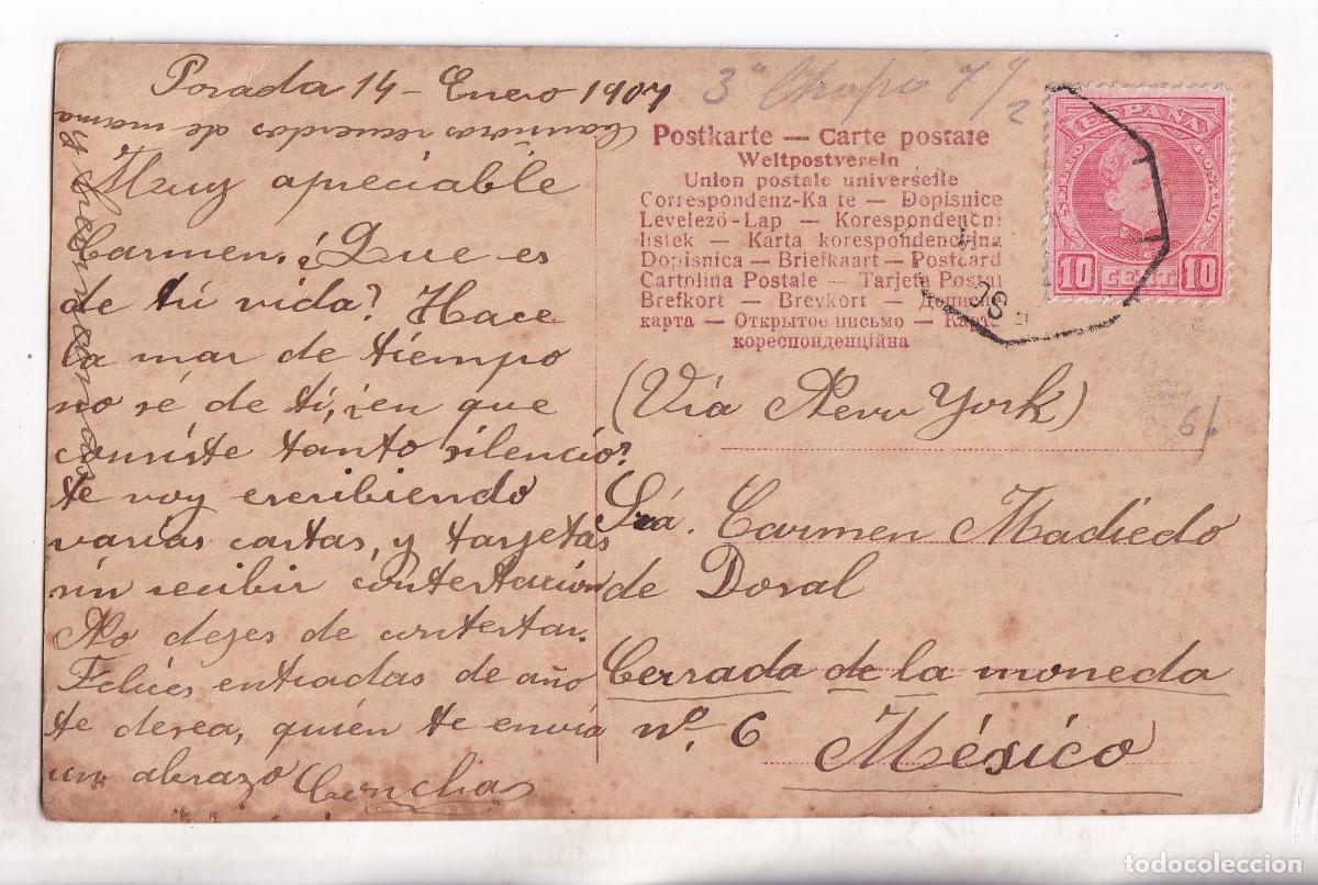 Sellos: POSTAL. POSADA. LLANES. ASTURIAS. 1907. A M&Eacute;XICO. V&Iacute;O NEW YORK. CADETE.