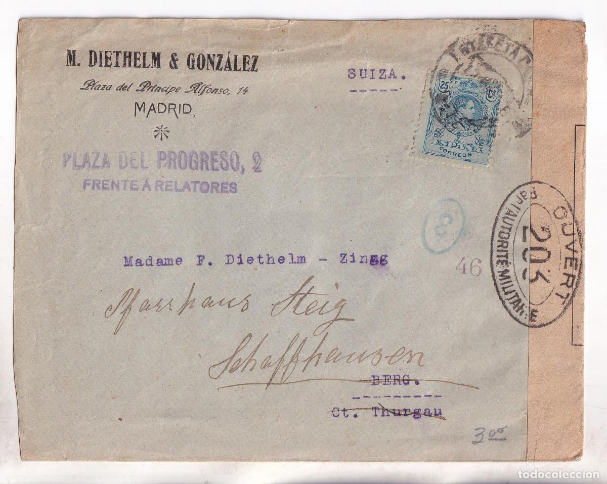 Sellos: SOBRE. MADRID. 1916. A SUIZA. CENSURAS MILITARES