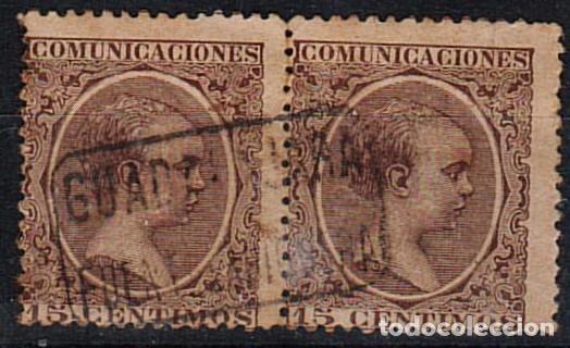 Sellos: 0708. Dos sellos 15 cts Alfonso XIII pelon CARTERIA tipo II, FUENTELAHIGUERA (Guadalajara),num 219 &ordm;