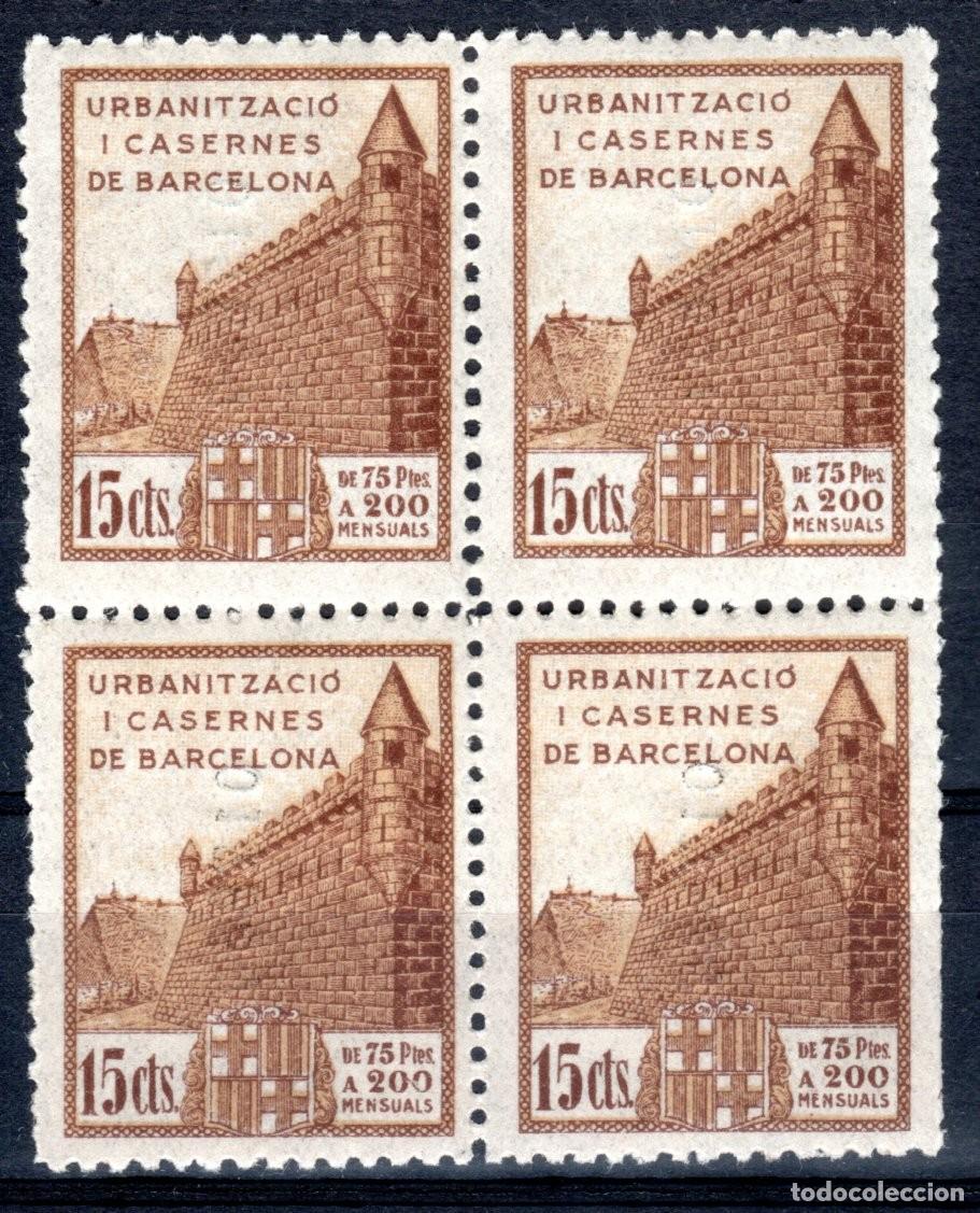 Sellos: URBANITZACI&Oacute; I CASERNES DE BARCELONA (BLOQUE DE 4). 15 CTS.