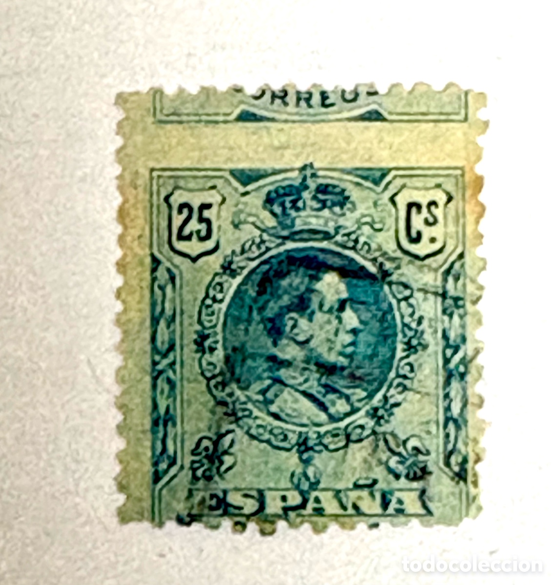Sellos: MUY DESPLAZADO - Sello 1909 - Alfonso XIII Medall&oacute;n 25 cts - Edifil 274 (Con n&uacute;mero al dorso)&rdquo;