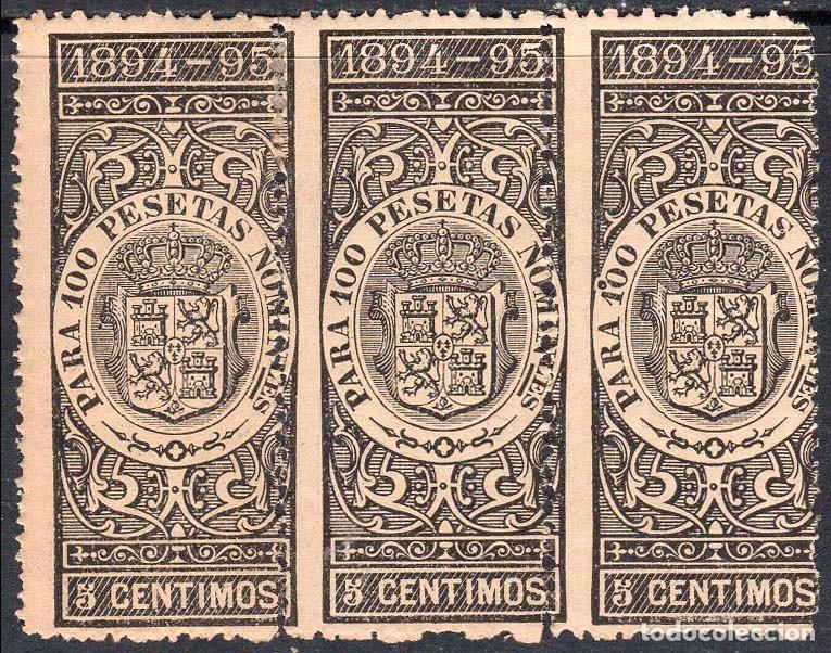 Sellos: Espa&ntilde;a - Fiscales - Impuesto sobre Deuda Estado - Alemany ** 1 Tira 3 - 1893/94 - 5 cts.