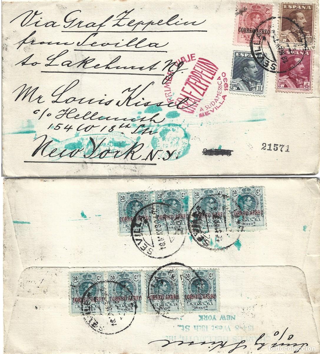 Sellos: 1930 Carta Sevilla a New York via Graf Zeppelin.pts Alfonso XIII Vaquer. Excelente franqueo