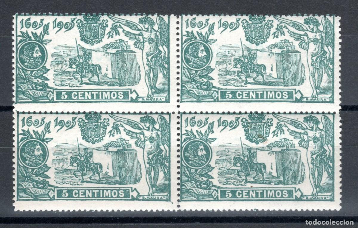 Sellos: EDIFIL 257 III CENTENARIO PUBLICACI&Oacute;N DE EL QUIJOTE 1905 (BLOQUE DE 4). MH * (SALIDA: 0,01 &euro;).