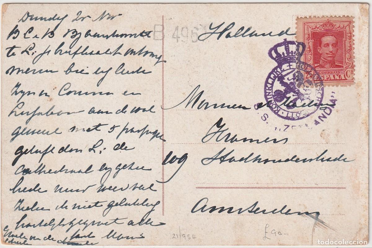 Sellos: Alfonso XIII. T. Postal Lisboa. Marca S. S. Zealandia. Po mar a Holanda.