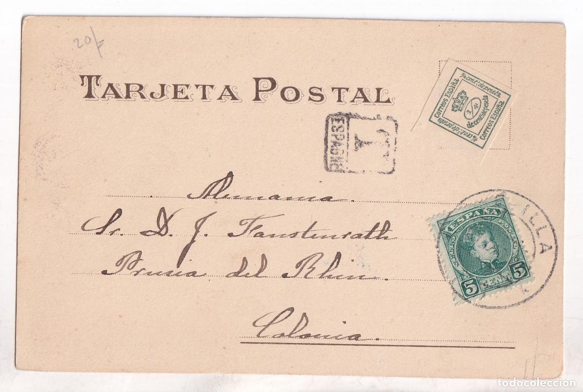 Sellos: PRECIOSA POSTAL NOGALES DELICADO. SEVILLA. 1906. A PRUSIA. TASADA CUARTILLO