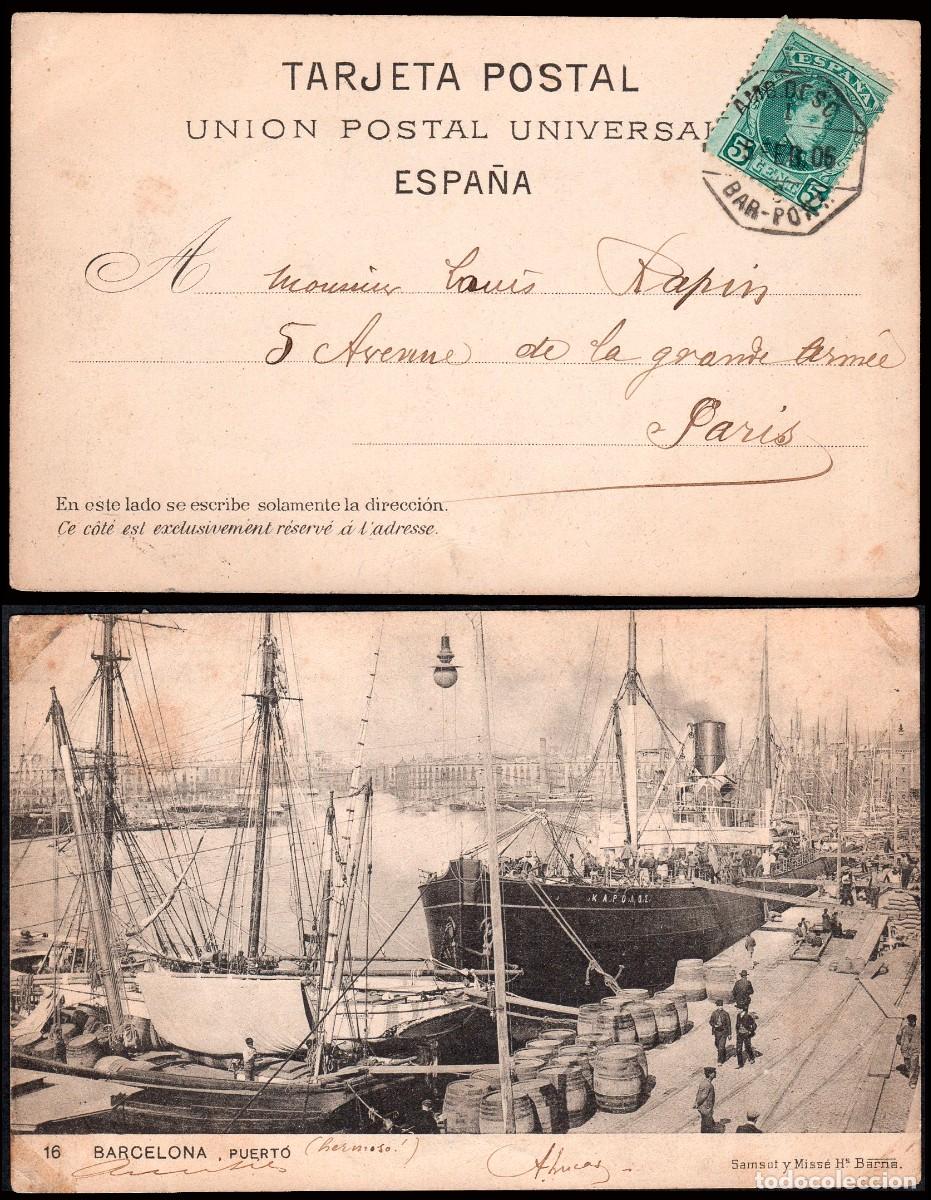 Sellos: Barcelona - Edi o TP 242 - Postal &rdquo;Barcelona - Puerto&rdquo; - Mat &rdquo;AMB. Desc I - 8 - Bar. - Port.&rdquo;