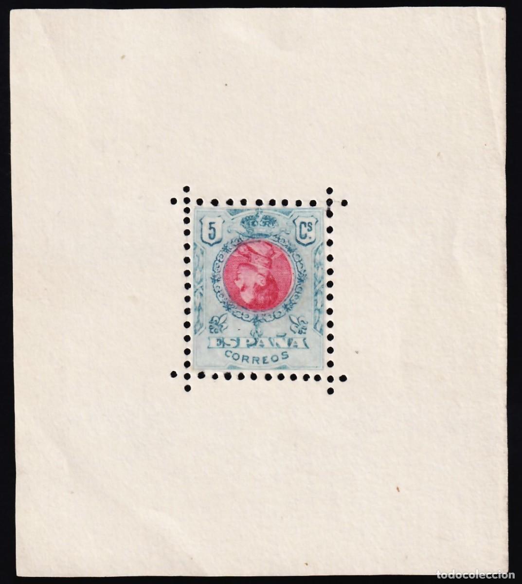 Sellos: ESPA&Ntilde;A, 1909 EDIFIL N&ordm; 268, 5 c. verde y rojo, [Peque&ntilde;a hoja de prueba,]