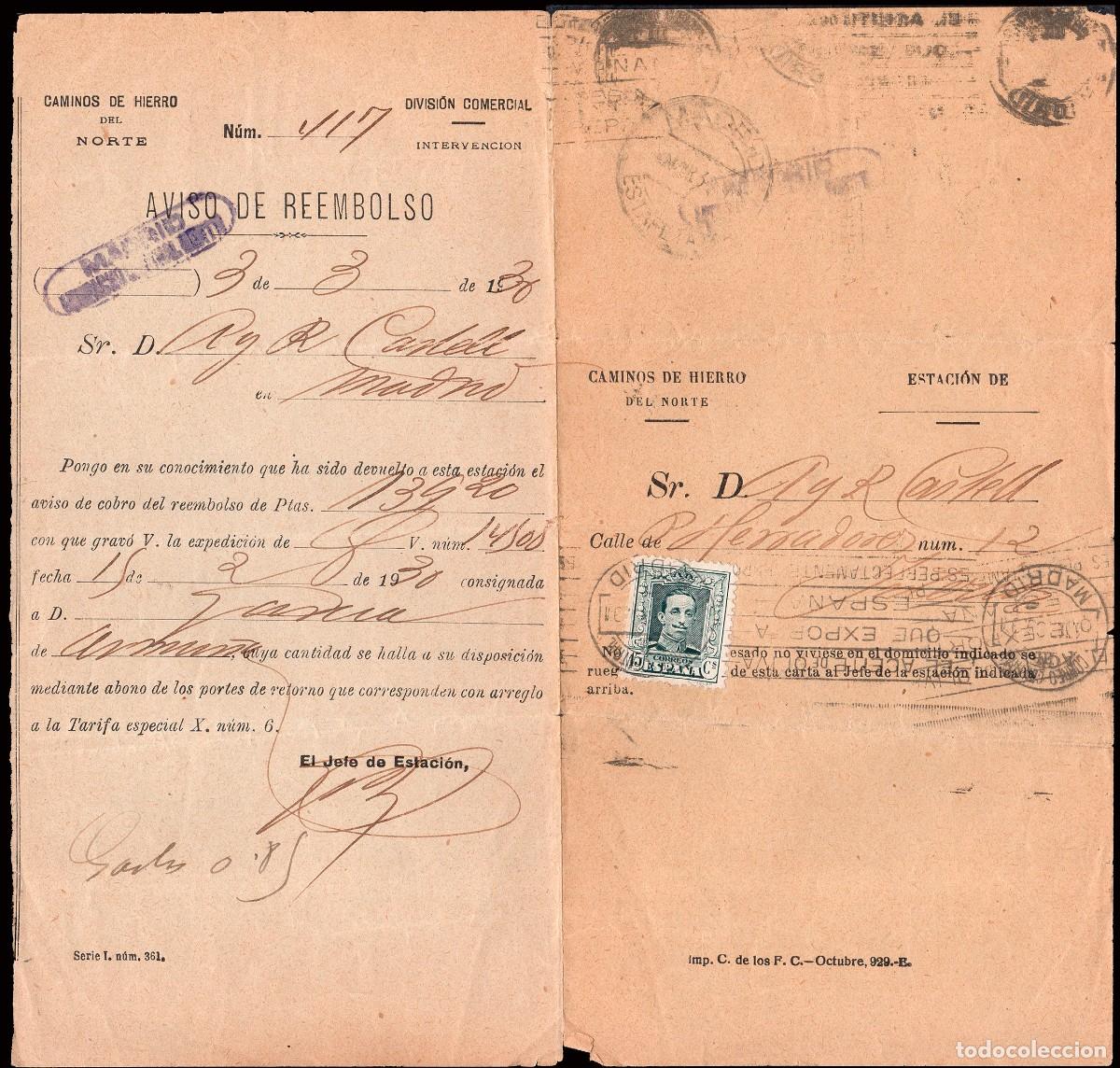 Sellos: Madrid - Edi o 315 - Documento membrete &rdquo;Caminos de Hierro Norte - Madrid&rdquo; - Aviso de reembolso
