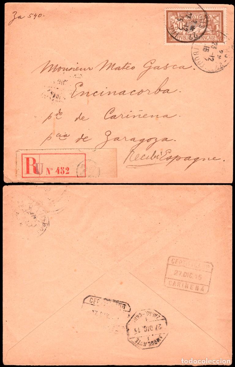 Sellos: Zaragoza - 1915 - Sello franc&eacute;s - Sobre certificado a Encinacorba - Al dorso &rdquo;Certificado - Zaragoza