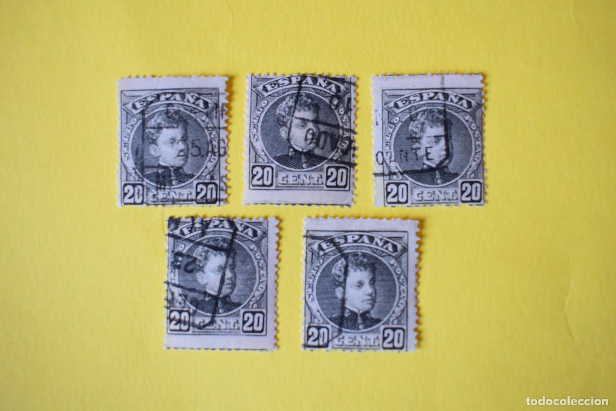 Sellos: Lote de 5 sellos Espa&ntilde;a. Alfonso XIII. 20 c&eacute;ntimos. 1901-05. Edifil 247. Usados. (lote 5)