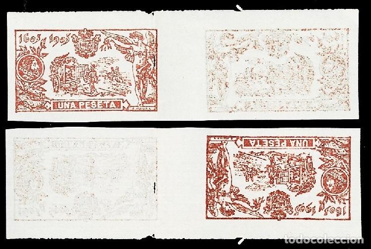 Sellos: 0057 QUIJOTE Edifil n&ordm; 264 - 1 Peseta ROJO - Falso Segui de &eacute;poca - Doble impresion RECTOVERSO Ver