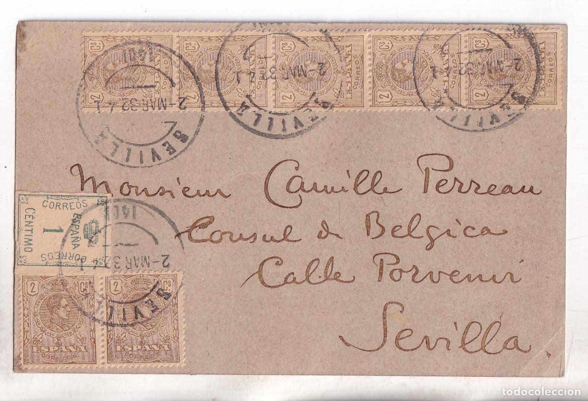 Sellos: TARJETA. CORREO INTERIOR. SEVILLA. 1920. FECHADOR 1932. POETA LEON VAN MONTENAEKEN A C&Oacute;NSUL B&Eacute;LGICA