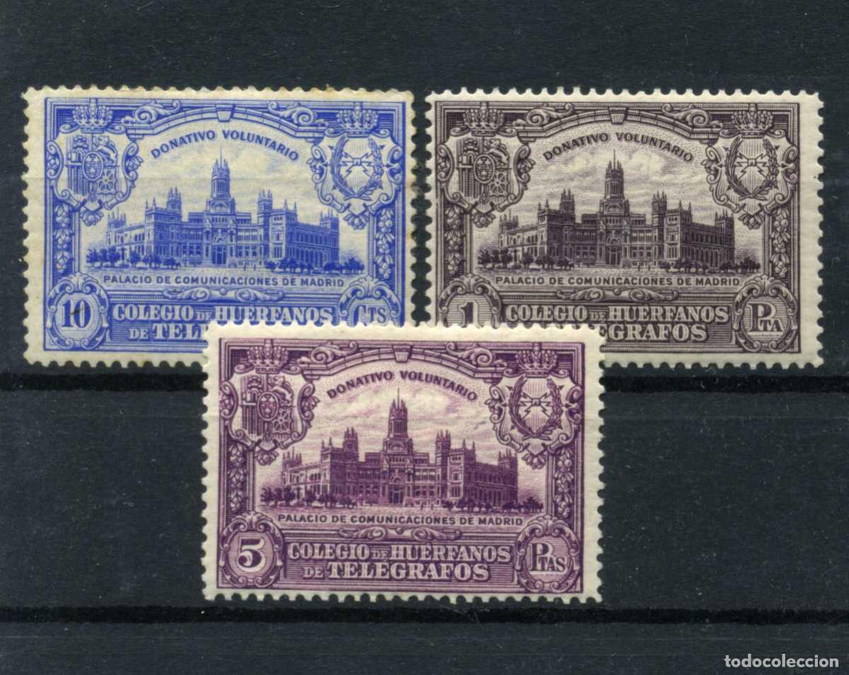 Sellos: XS- Hu&eacute;rfanos Tel&eacute;grafos 1927 Palacio de MADRID Serie Nueva con se&ntilde;al de fijasellos Ed. 1-3