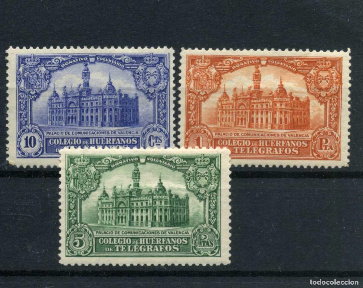 Sellos: XS- Hu&eacute;rfanos Tel&eacute;grafos 1928 Palacio de VALENCIA Serie Nueva con se&ntilde;al de fijasellos Ed. 4-6