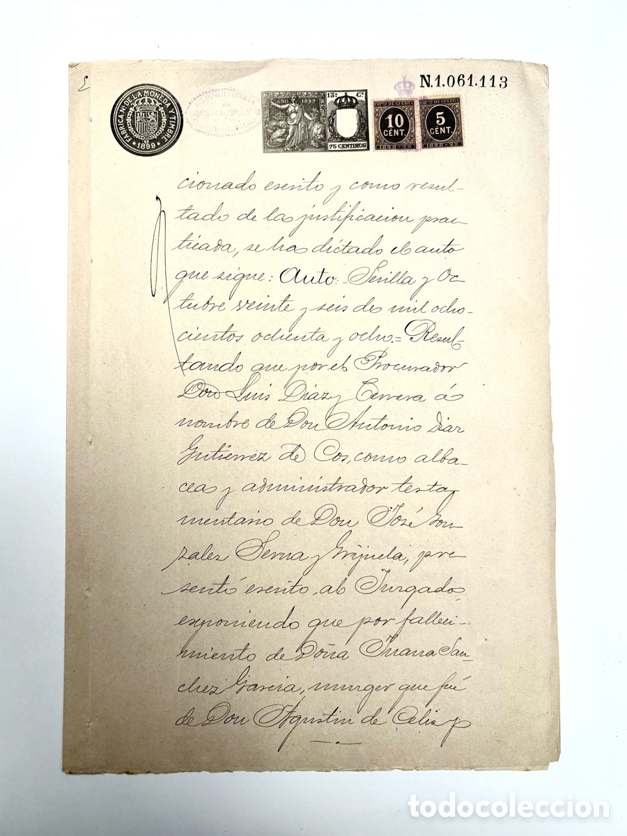 Sellos: 1899 Sevilla. Documento Judicial Herencia y Rgtro Propiedad. Timbrado 75 cts y Edifil 236 y 237
