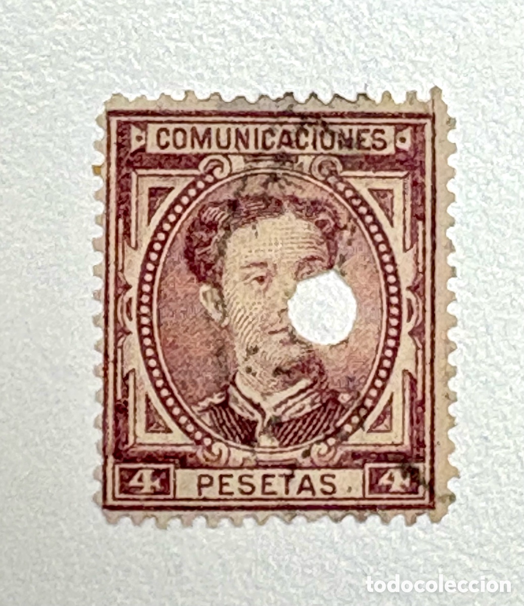 Sellos: Sello Espa&ntilde;a 1876 Alfonso XII - 4 Pesetas Violeta (Inutilizado para Tel&eacute;grafos - Edifil 181t).
