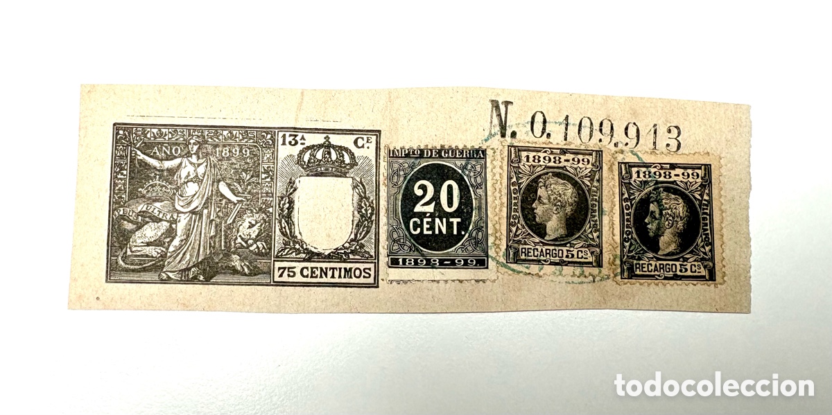 Sellos: 1899 Sello Fiscal Poliza 75 Cts + Impuesto de Guerra 20 Cts y Recargos - Alfonso XIII