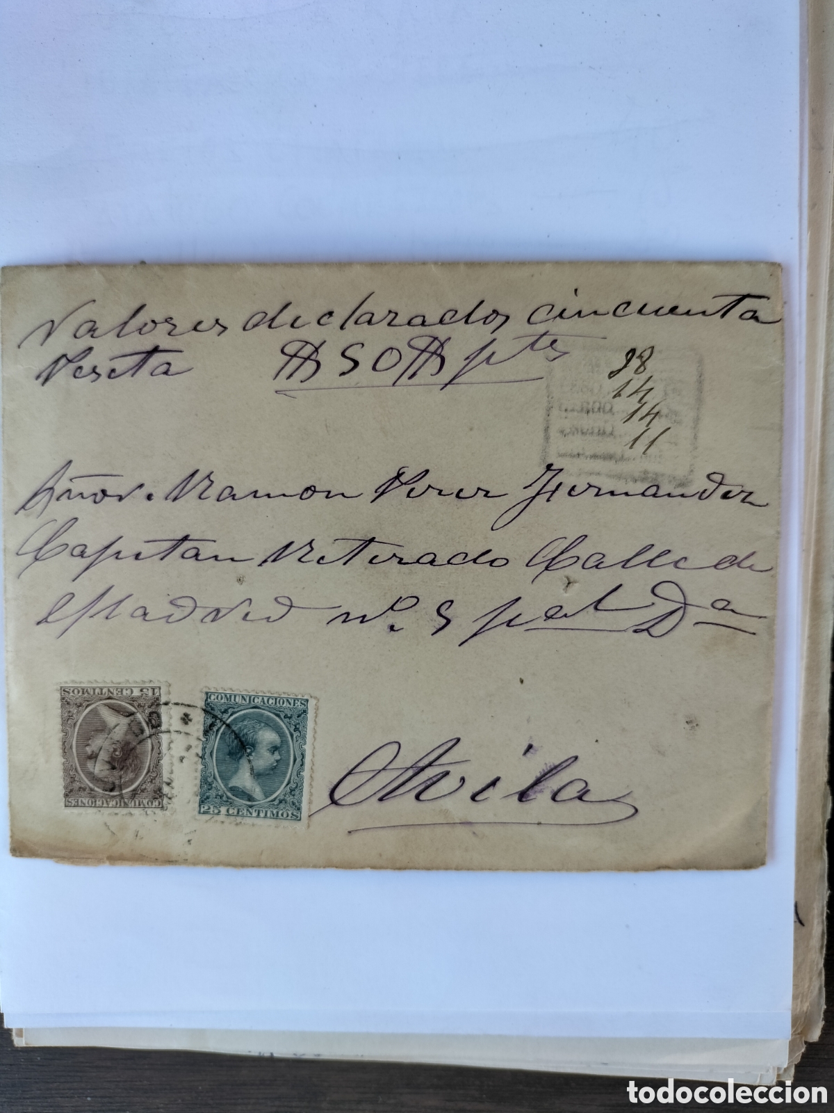Sellos: &Aacute;vila. Carta de Valores Declarados Certificada de Santander a &Aacute;vila. 1897.