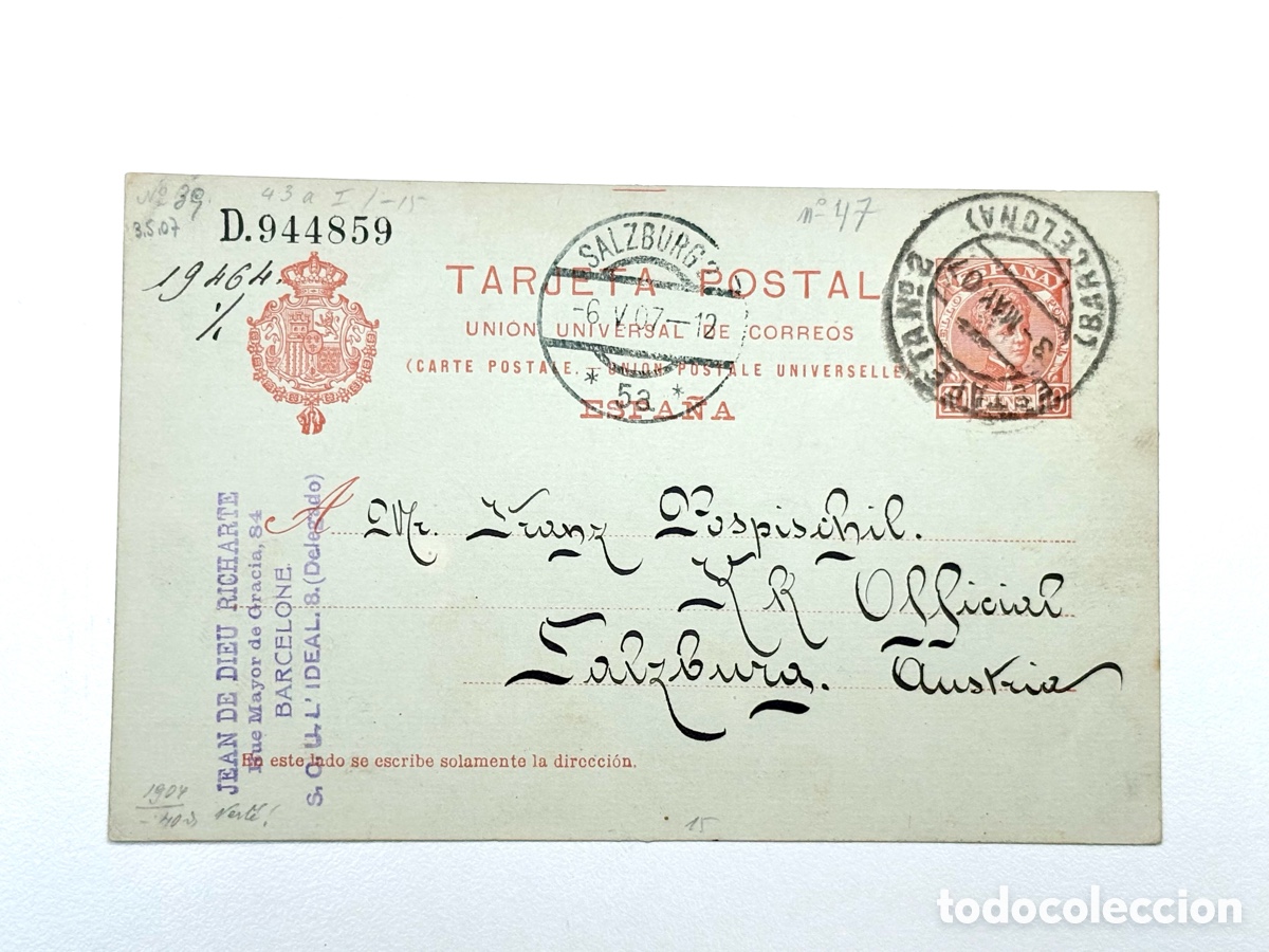 Sellos: Espa&ntilde;a 1907. Tarjeta Entero Postal 10 Cts Alfonso XIII (Edifil 47) Circulada Barcelona a Salzburgo