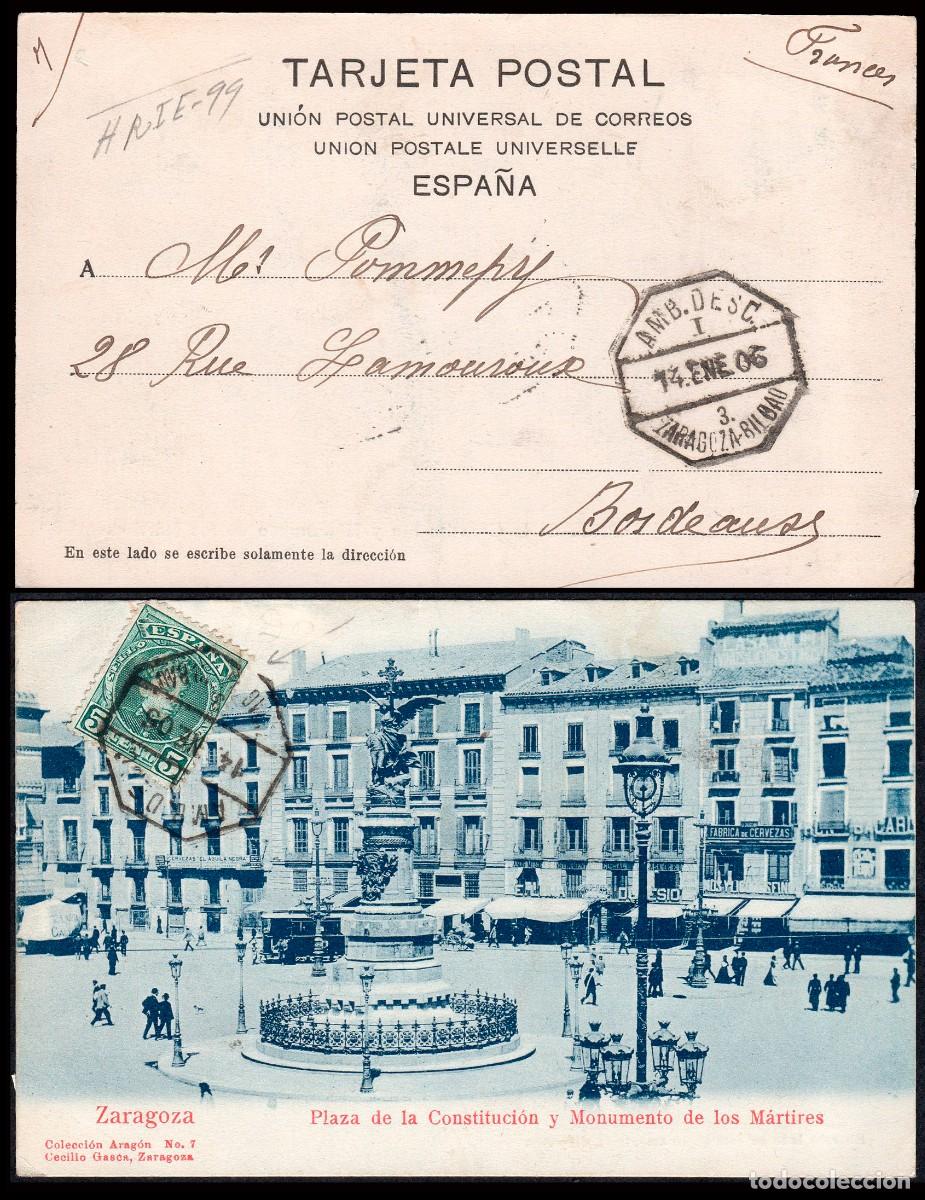 Sellos: Zaragoza - Edi o TP 242 - Postal &rdquo;Zaragoza - Pl. Constituci&oacute;n&rdquo; Mat &rdquo;AMB. Descd. I - 3 - Zaragoza -