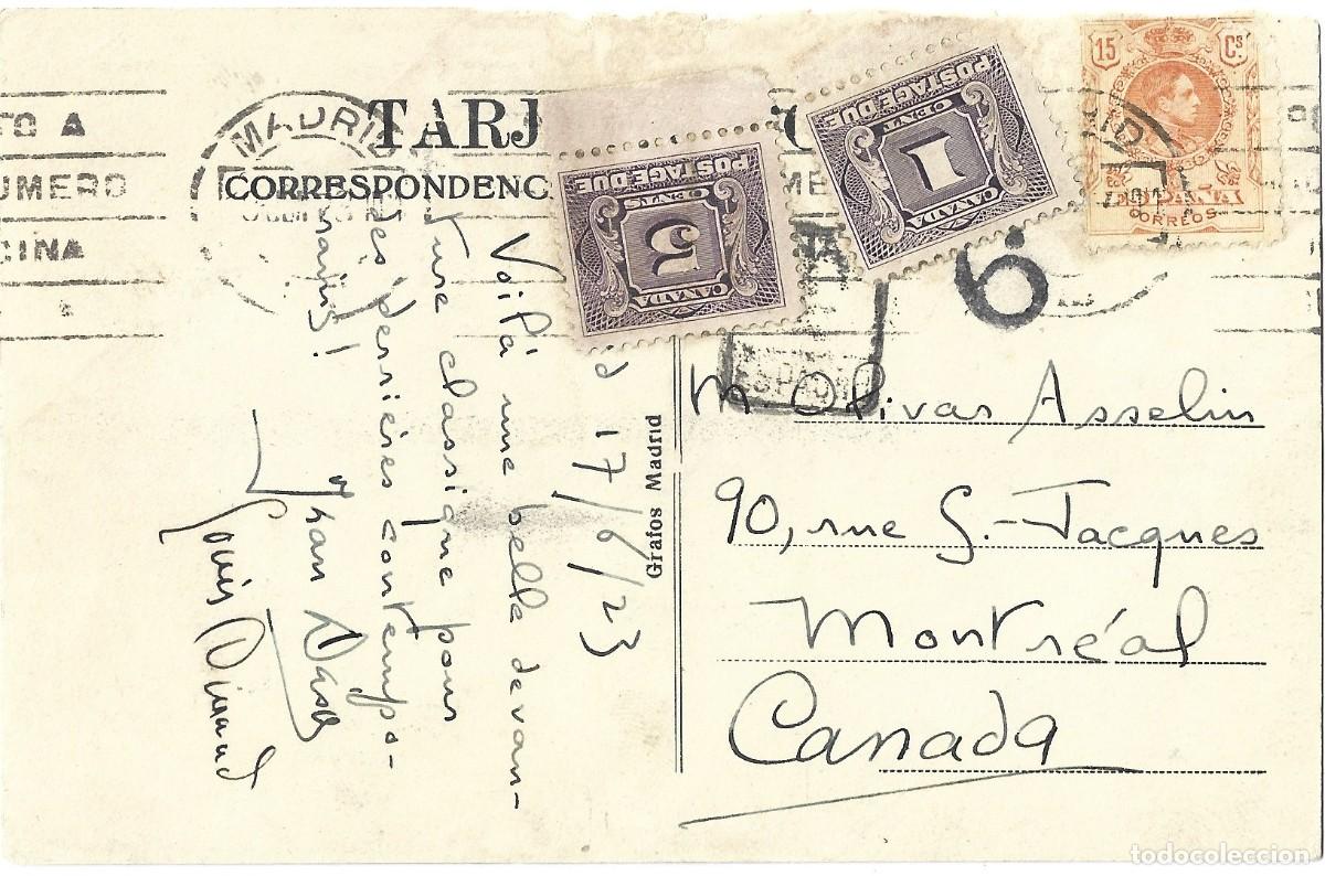 Sellos: 1911 Carta Tarjeta postal Madrid Franqueo insuficiente Sello de tasa Canada 1 + 5 cents LEER
