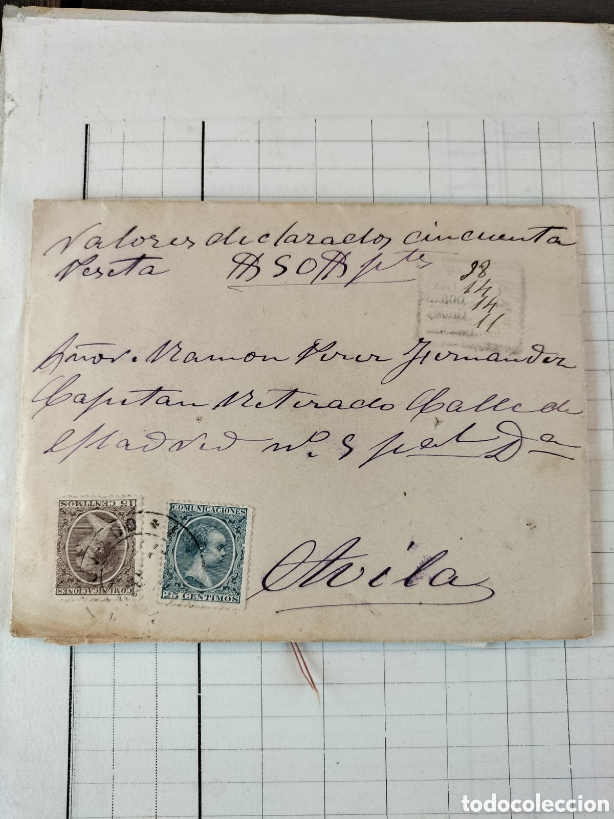Sellos: &Aacute;vila. Valores Declarados. 50 Ptas. 1897