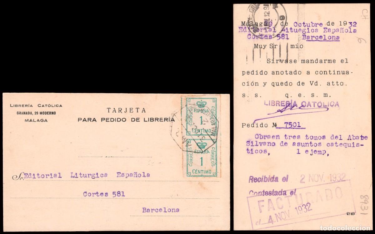Sellos: M&aacute;laga - Edi o TP 291 Pareja - Postal comercial &rdquo;Librer&iacute;a Cat&oacute;lica&rdquo; Mat &rdquo;AMB 31/Oct./32 - 2 ..&rdquo;