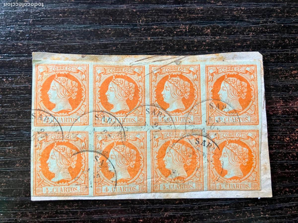 Sellos: Ef&iacute;gie Isabel II - 1860 - 1861 - Edifil 52 - Bloque 8 sellos - 4 cuartos Matasellos Sari&ntilde;ena Huesca