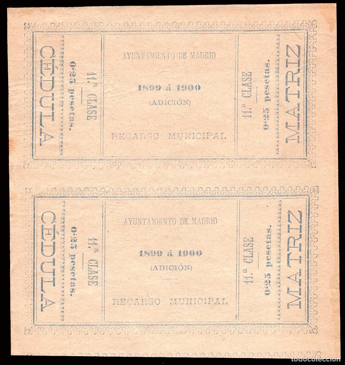 Sellos: Espa&ntilde;a - Fiscales Municipales - 1899 - &rdquo;Madrid - Recargo Municipal 0,25 Ptas&rdquo; pareja
